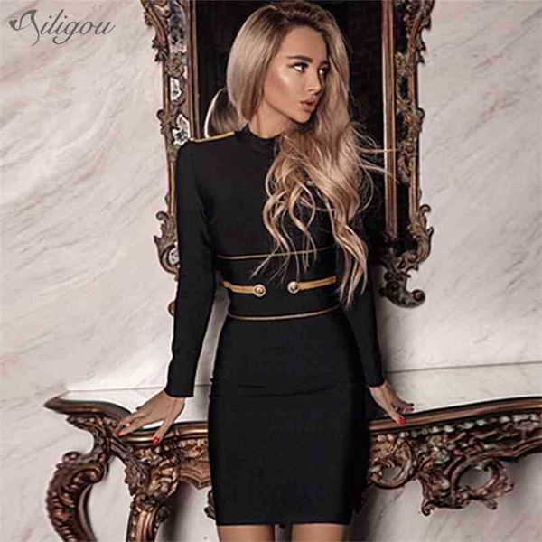 

summer black bandage dress lady long sleeve mini club vestidos elegant celebrity party 210525, Black;gray