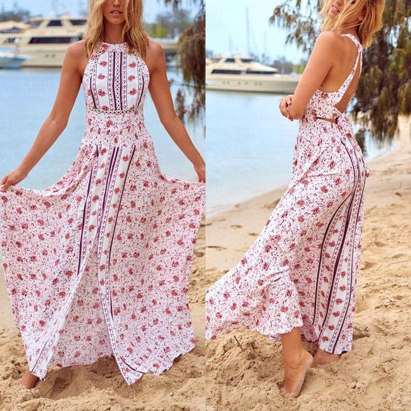 

casual dresses women floral print long dress trendy backless halter bohemian o-neck lace-up sashes beach, Black;gray