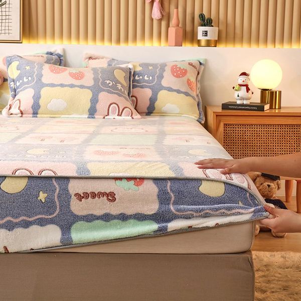 

sheets & sets winter warm cartoon flannel elastic band fitted sheet mattress protector cover super soft king size double bed