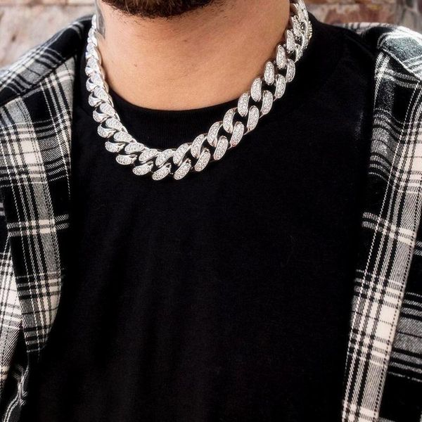 

chains men hip hop iced out bling chain necklace pave setting rhinestone 20mm width miami cuban necklaces hiphop jewelry, Silver