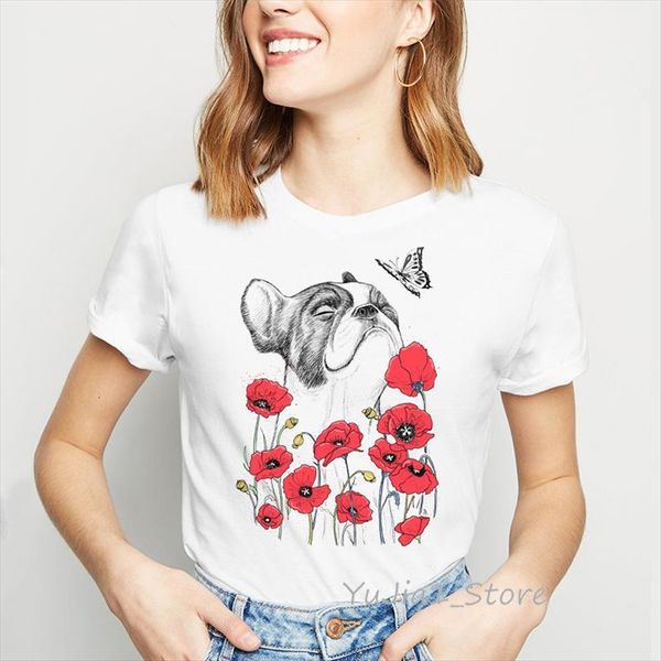 

funny pug with poppies art mens t shirts and womens print women female kawaii dog lover camisas mujer tees drop, White;black