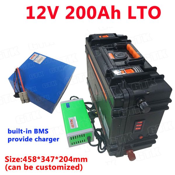 Impermeável IP67 12 V 200Ah Lithium Titanato 12V LTO Bateria Charge rápido com BMS para energia solar / motores de barco + 10A carregador