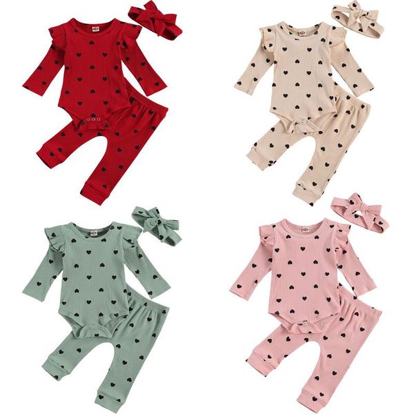 

clothing sets focusnorm 0-24m born baby girls boys clothes 3pcs heart print ruffles long sleeve romper pants headband, White