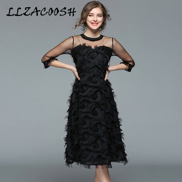 

spring women mesh black dress fashion hollow out dresses tassel feather casual slim party dress vestidos 210514, Black;gray