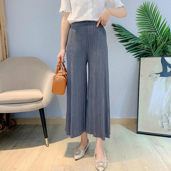 

women's pants & capris large size women miyake pleated casual 2021 autumn all-match solid color stretch loose wide-leg trousers, Black;white