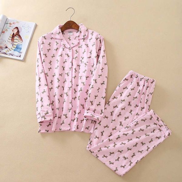 

women's sleepwear ladies pajama set cartoon puppy printed full cotton turn-down collar long sleeve shirt+pants 2pcs femme homewear, Black;red