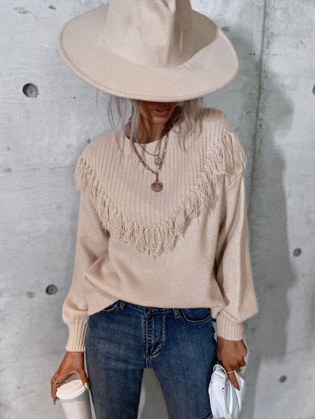 

fringe trim bishop sleeve sweater d1pl#, White