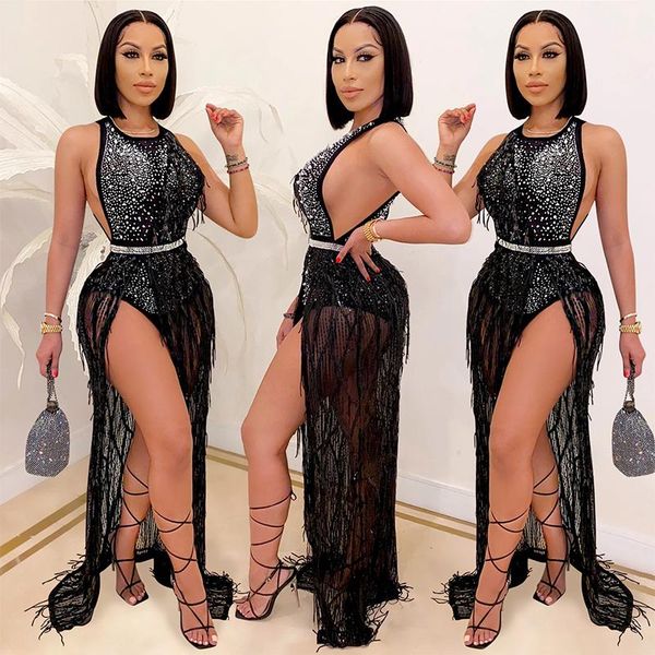 

rhinestone mesh see through o-neck maxi long dress sleeveless tassel split fashion two piece set for party club casual dresses, Black;gray