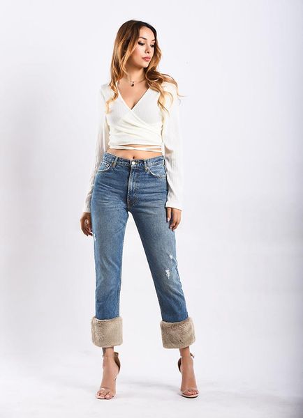 

women's jeans winter season loose bottom high-waist female fur decoration wide leg pants plus-size women denim ladies xl for woman, Blue