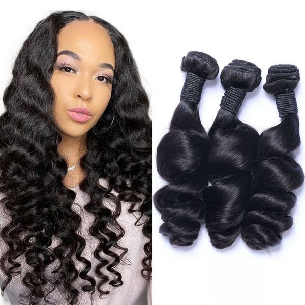 

natural color human hair loose wave bundles 3 4 pieces peruvian weaving double weft 8-26 inch, Black