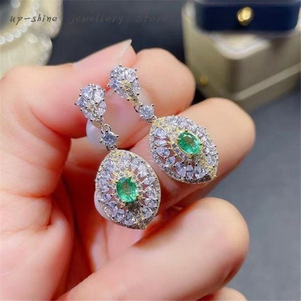 

stud women's 925 silver inlaid natural emerald ear studs, exquisitely crafted, retro design, elegant and beautiful, Golden;silver