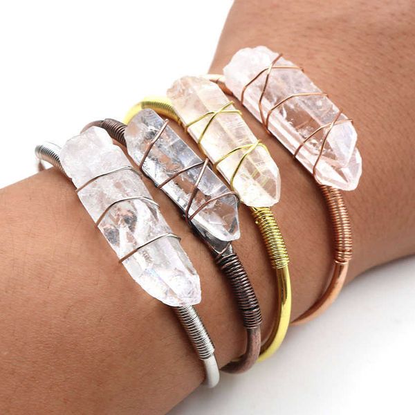 Wire Wrap Raw Mineral Crystal Stone Bangles Natural Stone Clear Quartz Bangles Bracciali Open Cuff Braccialetti di rame Gioielli femminili Q0719