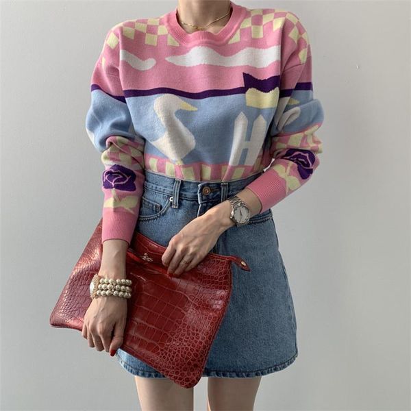 

women's sweaters pink blue macaron color duck flower pattern round neck pullover women thick, White;black