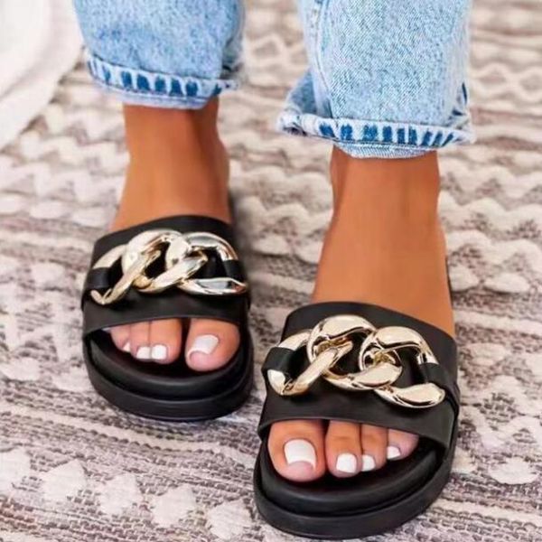 

slippers women summer metal buckle flat thick bottom beach outdoor all-match sandals home durable, Black