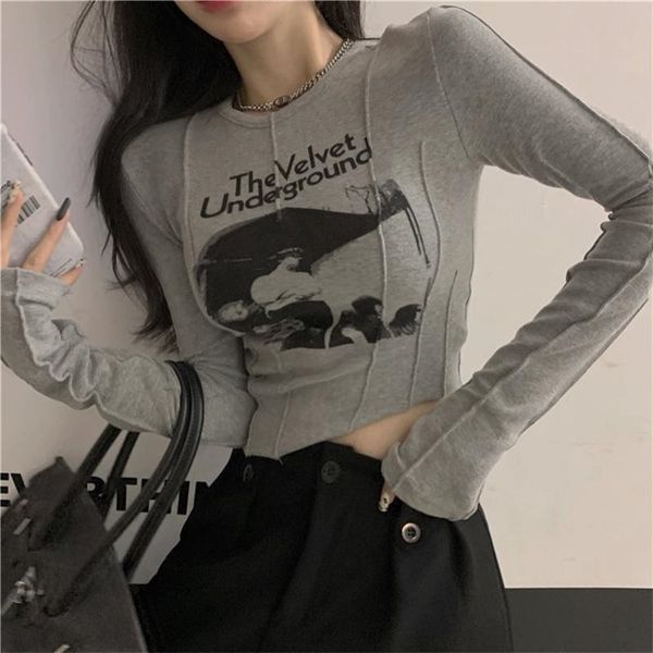 

yedinas casual slim t-shirt for women o neck long sleeve crop grunge letters print female korean fashion clothing 2021, White