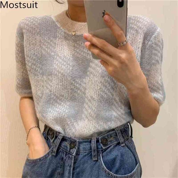 

summer mohair houndstooth knitted sweaters women short sleeve o-neck pullovers fashion casual korean ladies 210513, White;black