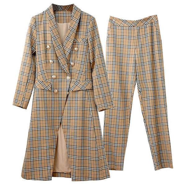 

women's two piece pants professional suit two-piece slim plaid ladies office double breasted jacket casual trousers high quality, White