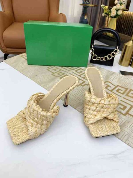 

slippers square high heels head fashion summer personality trend handmade straw rope flat non-slip rubber bottom come with boxes and bags q6, Black