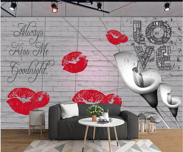 

custom p mural 3d wallpaper modern red-lip calla lily black and white brick wall living room home decor 3d wall murals wallpaper for walls 3
