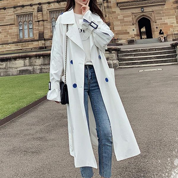 

women's trench coats [ewq] 2021 autumn ladies solid mid-length turn down collar simple double-breasted belt coat women windbreaker qb43, Tan;black