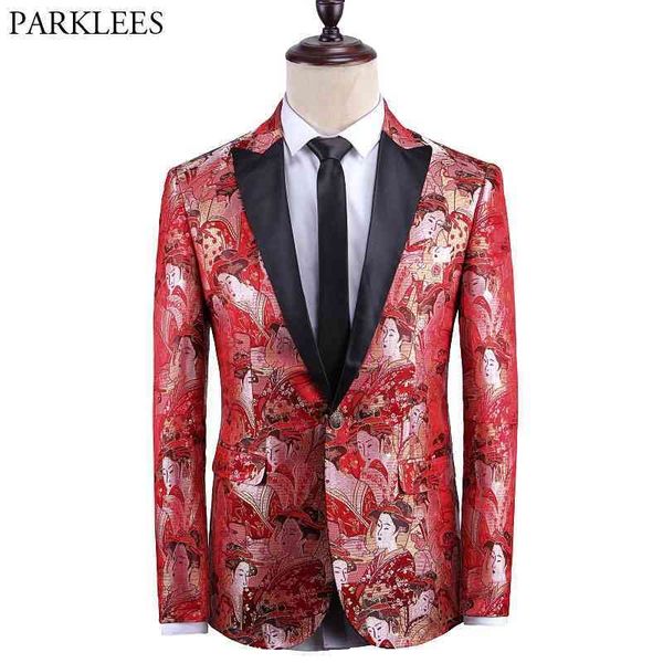 

stylish japanese kimono print suit jacket men one button patchwork collar blazers mens party wedding dinner stage blazer hombre 210522, White;black