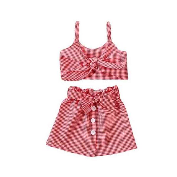 

2022 summer new fashion casual kids clothing kids bow plaid suspenders and skirt suits luxury fashion boutique kids clothing g220217, White