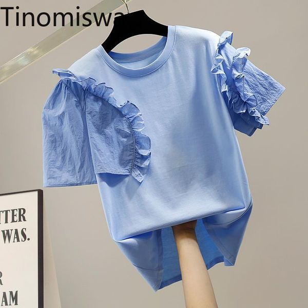 

tinomiswa casual korean t shirt women ruffle patchwork o neck short sleeve loose tshirts arrival daily all-match tees women's t-shirt, White