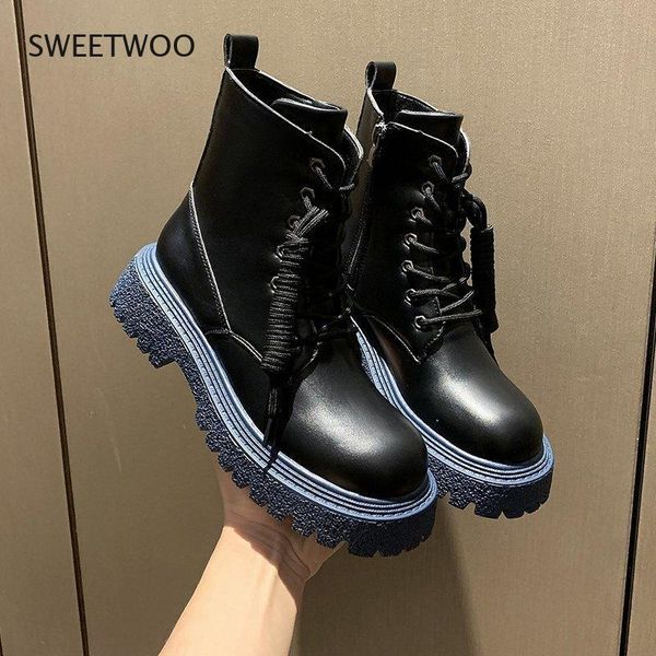 

boots women's shoes 2021 thick-soled lace-up motorcycle gothic punk high-top, Black