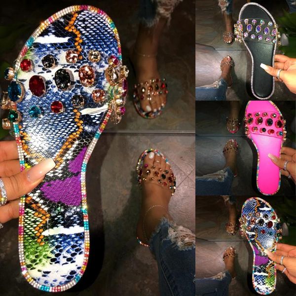

slippers sagace women's fashion snake print rhinestone open toe flats outdoor casual beach shoes sandals for women summer, Black