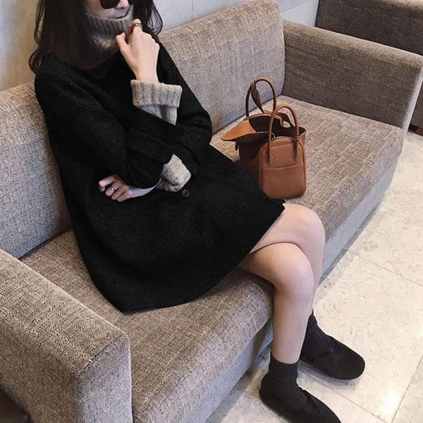 

women's wool & blends women blend mid-length coat female autumn winter plus size loose lapel woolen overcoat double breasted solid oute, Black