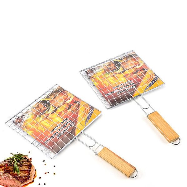 

tools & accessories non-stick triple fish grilling basket outdoor bbq rack wood handle barbecue tool grill net accessorie