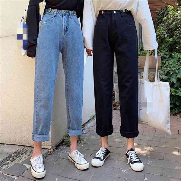 

g1423 spring autumn korean version women fashion casual baggy high-waisted jeans wholesale, Blue