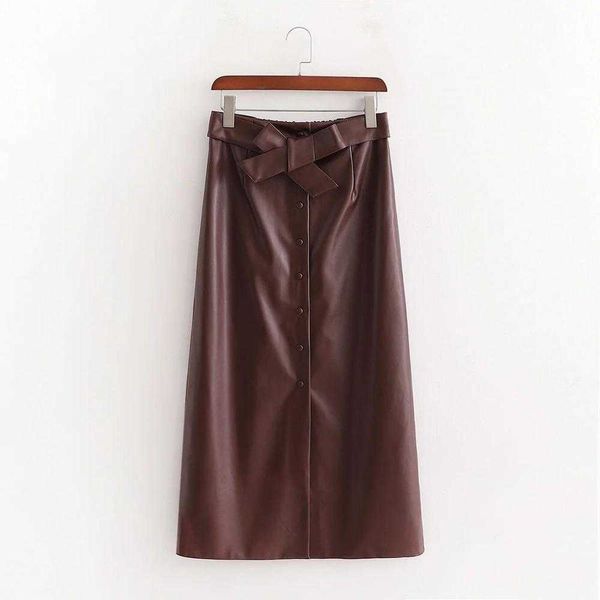 

fall winter women faux leather midi skirt elastic waist high street casual pu female skirts womens 210709, Black
