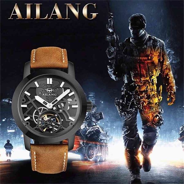 

ailang 2021 hollow out lighters mechanical watches men fashion business luxury men 6811b, Slivery;brown