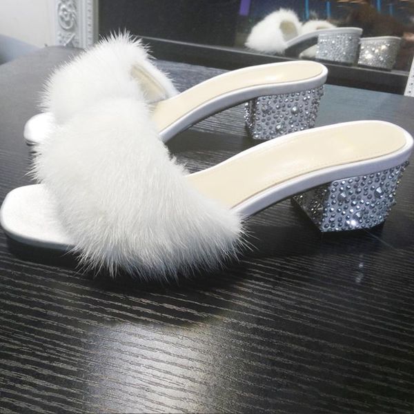 

slippers fur women summer shoes mink hair ladies crystal 5vm block heel 2021 outdoor slides red fashion, Black