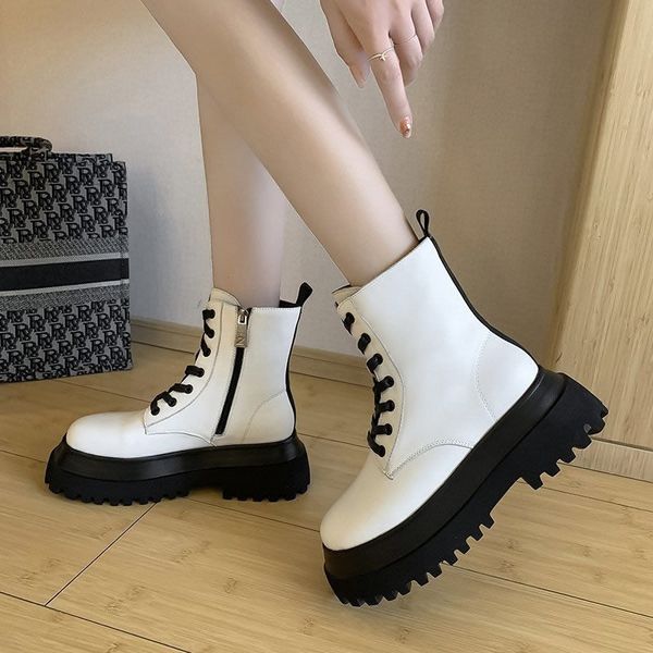 

2021 white color soft pu leather ankle boots women platform motorcycle booti female autumn winter sho woman goth short, Black