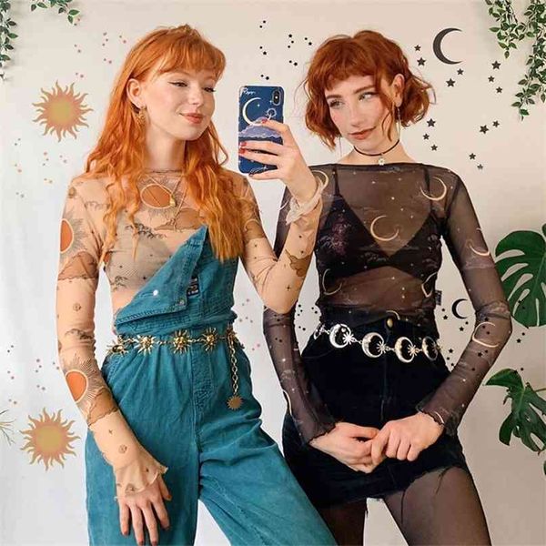 

harajuku sun moon print mesh female t-shirt long sleeve transparent crop tees fashion summer t shirt clothes 210607, White