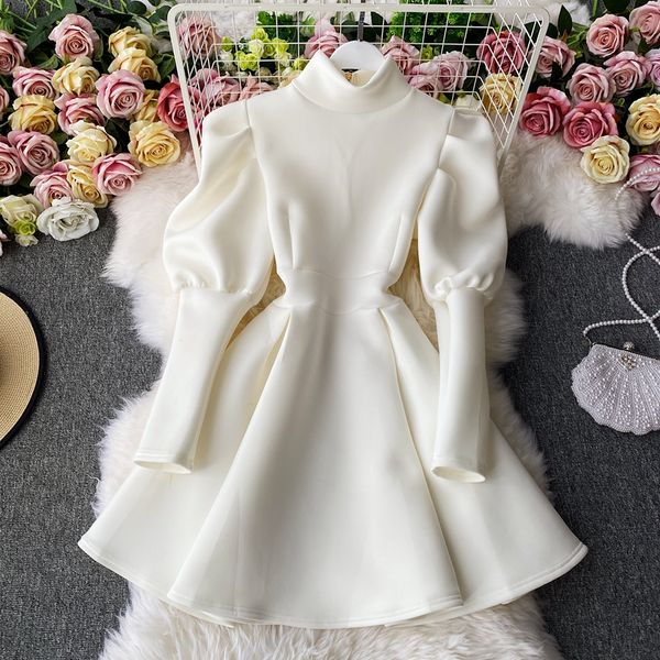 

2021Gagarich Women Dress Elegant Autumn Korean Style Temperament High-neck Bubble Sleeve Waist Thin French A-line Solid Vestidos, Black;gray