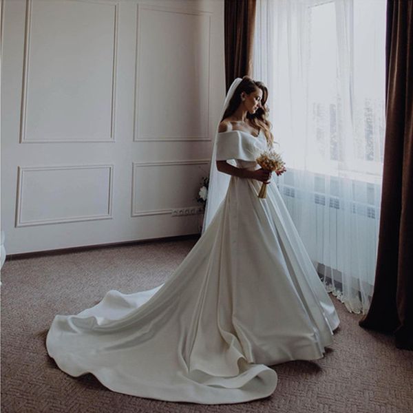 

famous design off-shoulder satin wedding dress, White