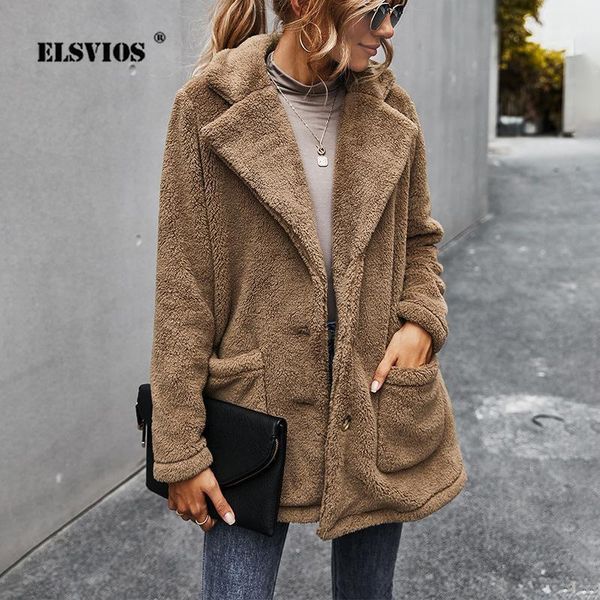 

women winter thicken plus velvet jacket casual solid color loose coats elegant lapel pocket single-breasted cardigan jackets women's wo, Black