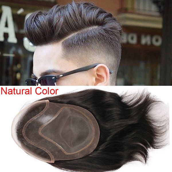 

2021 mens toupee hair pu with french lace wigs for men european remy hu hair replacement systems hairpiece 10x8inch, Black