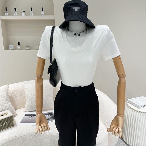 

women's spring summer 2021 niche design fashion short u-neck t-shirt thread exposed navel solid color slim bottom shirt, White