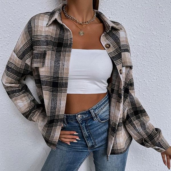 

women's jackets autumn winter casual women shirts lapel geometric pattern pocket ladies blouses long sleeve plaid female shirt 2021, Black;brown