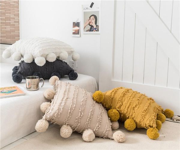 

cushion/decorative pillow nordic cotton linen solid cushion cover floral tassels square case sofa pompom plush craft home decoration