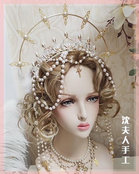 

party masks retro gorgeous baroque style goddess lolita handmade headwear pearl tassel cross hair crown set halo necklace headband cosplay