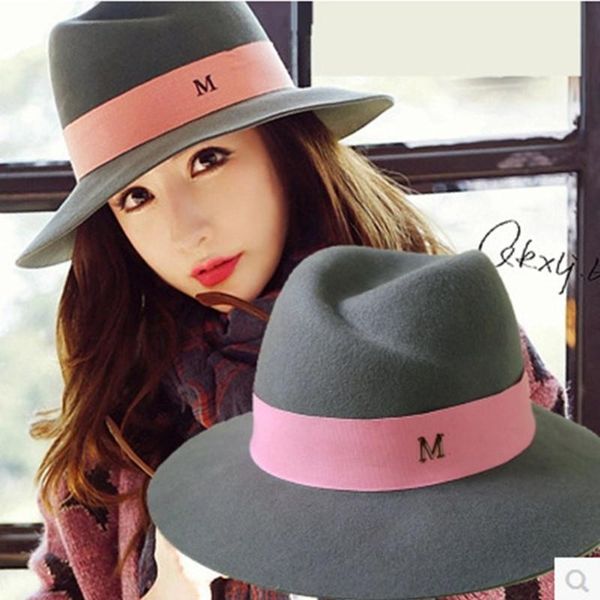 

stingy brim hats women's woolen spring autumn and winter korean style jazz european american british big small, Blue;gray