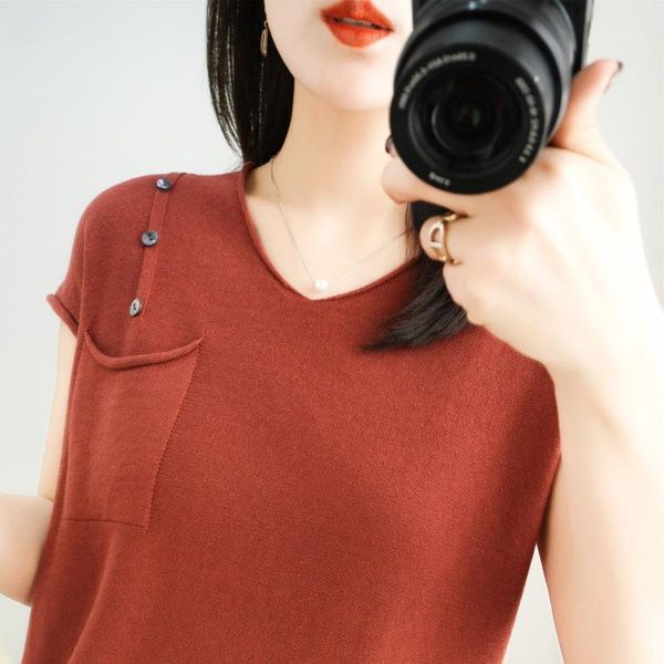 

summer v-neck cotton and linen knitted short-sleeved t-shirt women's, White