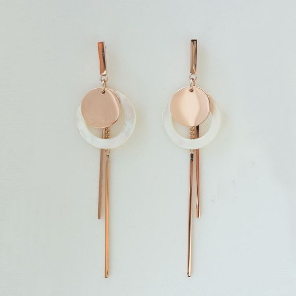 

korean earring accessories square hanging disc hollowed out shell round chain two bar earrings versatile trend, Silver