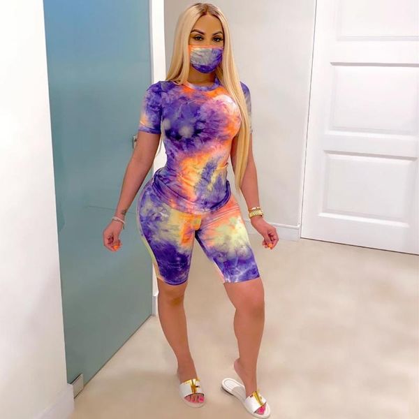 

women's tracksuits donsignet fashion suit summer casual round neck pullover tie-dye home sports shorts two-piece, Gray