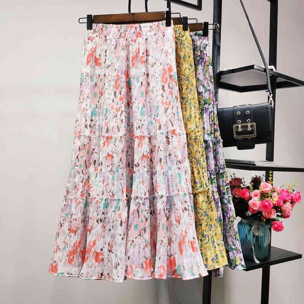 

skirts sweet pink floral a-line long chiffon pleated boho skirt 4swc, Black